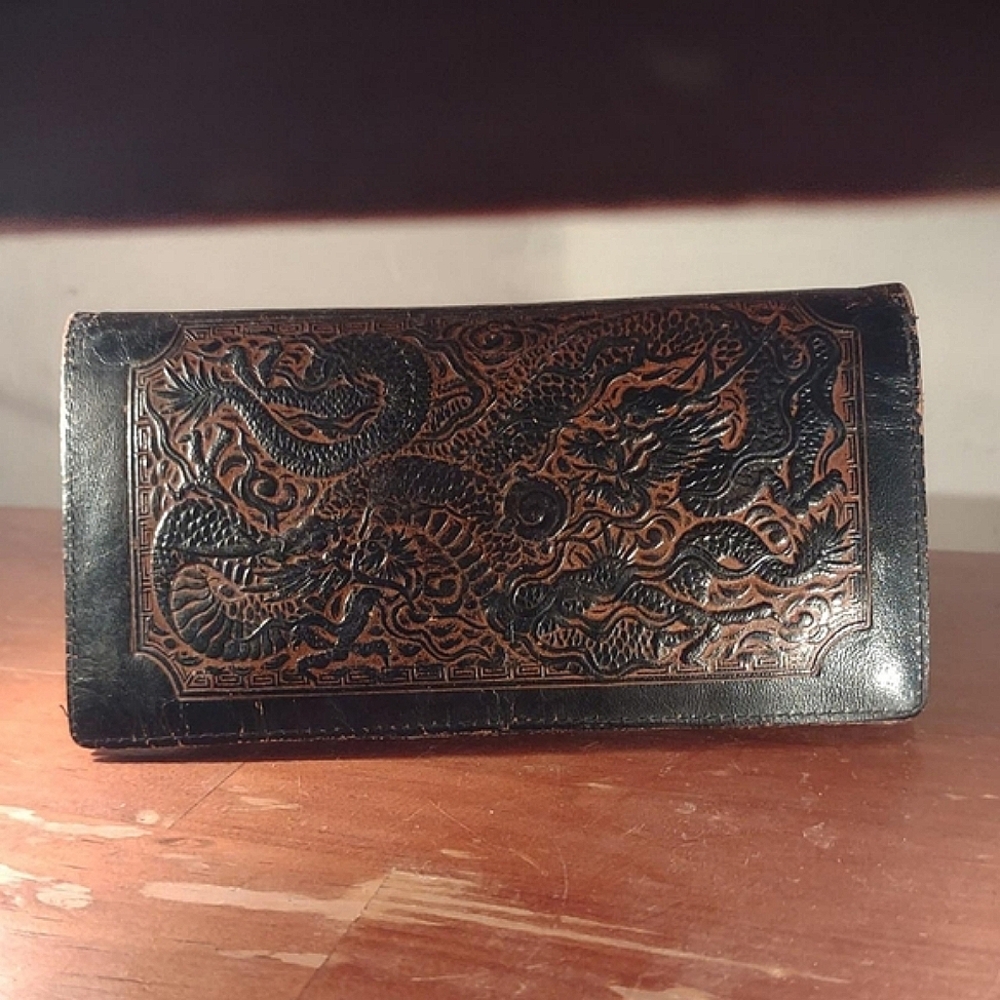 Etched Japanese 70s Leather Clutch Wallet Circa 1970s Japan with Map Vintage